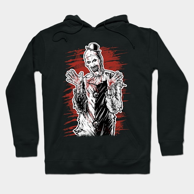 Black hoodie with horror-themed graphic design, featuring an eerie clown illustration, perfect for Halloween enthusiasts.