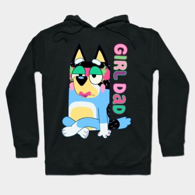 Black hoodie with colorful cartoon design and "Girl Dad" text, ideal for casual wear and gifting.