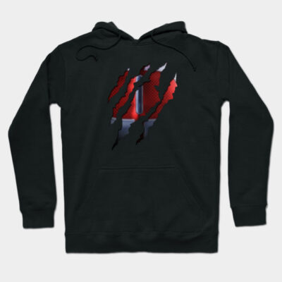 Black hoodie with red claw mark graphic, casual style, soft material, perfect for everyday wear.
