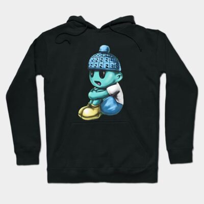 Black hoodie with cartoon character design, featuring blue and yellow color accents, casual style, cotton material.