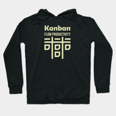 Black hoodie with "Kanban Flow Productivity" text in beige, featuring a front pocket and drawstring hood, ideal for casual wear.