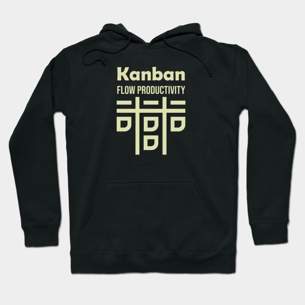 Black hoodie with "Kanban Flow Productivity" text in beige, featuring a front pocket and drawstring hood, ideal for casual wear.