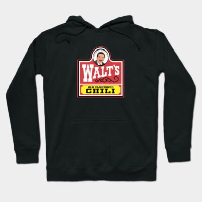Black hoodie with retro chili logo design, featuring text "Old Fashioned Chili" in red and yellow. Casual style.