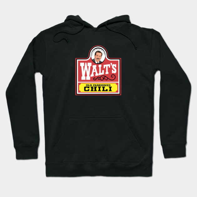 Black hoodie with retro chili logo design, featuring text "Old Fashioned Chili" in red and yellow. Casual style.