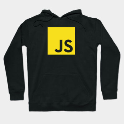 Black hoodie with yellow JS logo, comfortable cotton material, casual style, perfect for tech enthusiasts.