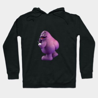 Black hoodie with a fun purple character design, featuring a front pocket and drawstring hood. Perfect for casual wear.
