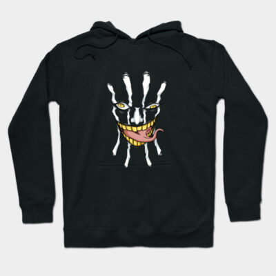 Black graphic hoodie with grinning face design, long sleeves, cotton blend, casual wear, unisex style.