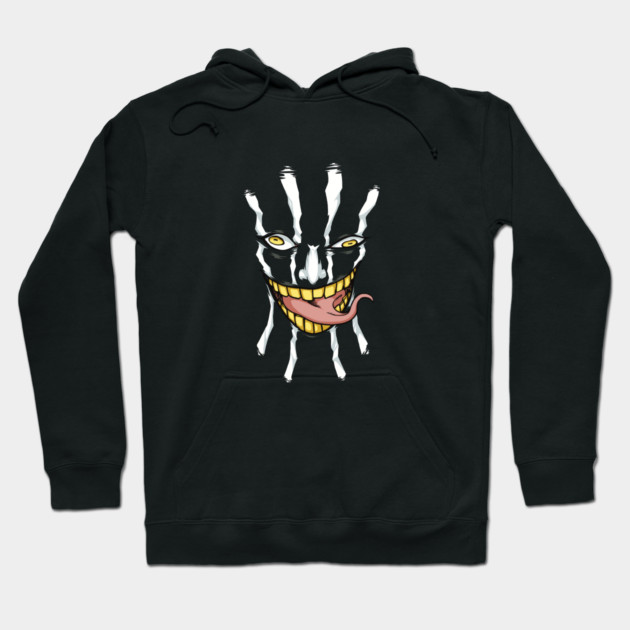 Black graphic hoodie with grinning face design, long sleeves, cotton blend, casual wear, unisex style.