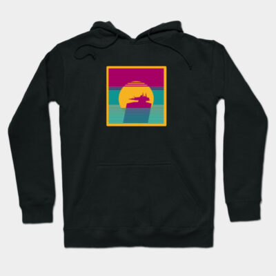 Black hoodie with vibrant retro sunset graphic, featuring a ship silhouette. Perfect for casual wear and comfort.