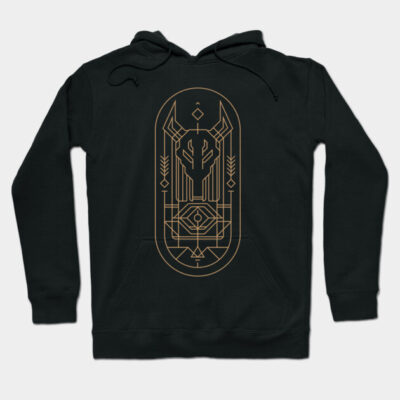 Black hoodie with geometric gold design, featuring drawstrings and front pocket. Ideal for casual wear and comfort.