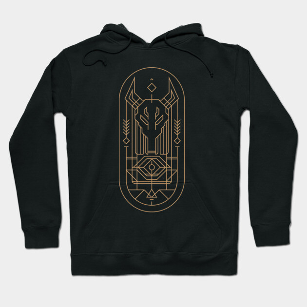 Black hoodie with geometric gold design, featuring drawstrings and front pocket. Ideal for casual wear and comfort.