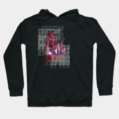 Black graphic hoodie with horror-themed design and text overlay, made of cotton, perfect for casual wear and fans of edgy styles.
