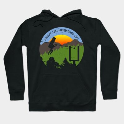 Black hoodie with colorful mountain and sunset graphic, featuring "Keep On Keeping On" text, casual cotton style.
