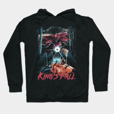 Black graphic hoodie featuring "King's Fall" design with vibrant colors, ideal for casual wear and gaming enthusiasts.