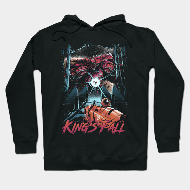 Black graphic hoodie featuring "King's Fall" design with vibrant colors, ideal for casual wear and gaming enthusiasts.