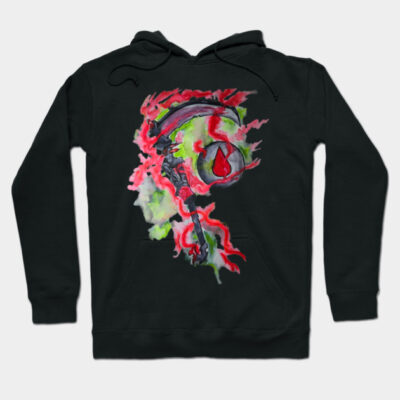 Black hoodie with vibrant abstract design, featuring red and green colors, perfect for casual wear and comfort.