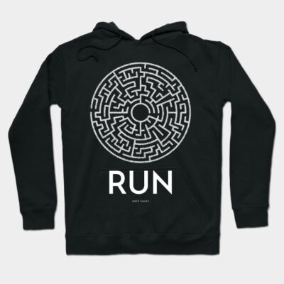Black hoodie with maze and "RUN" design, cotton material, casual wear, unisex style, front pocket.