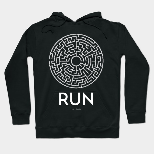 Black hoodie with maze and "RUN" design, cotton material, casual wear, unisex style, front pocket.