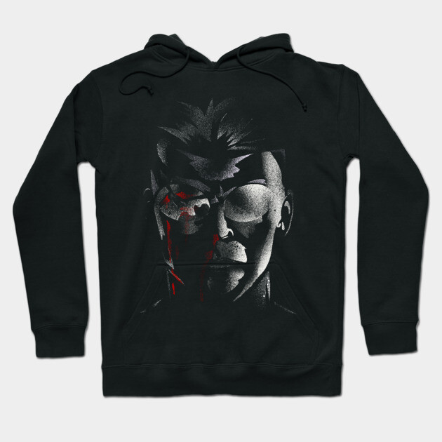Black graphic hoodie with bold design, featuring abstract face print. Comfortable cotton material, ideal for casual wear.