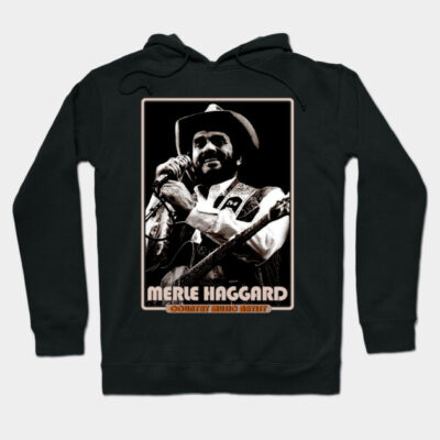 Black unisex hoodie with vintage country music artist graphic, perfect for casual wear, cotton blend material.