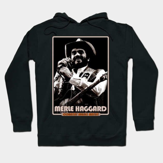 Black unisex hoodie with vintage country music artist graphic, perfect for casual wear, cotton blend material.