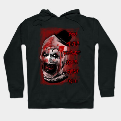 Black horror-themed hoodie with blood-red graphic and text design, perfect for Halloween or themed events.