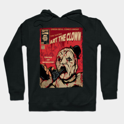 Black hoodie with vintage horror comic design, featuring a clown graphic. Cozy cotton blend, perfect for casual wear.