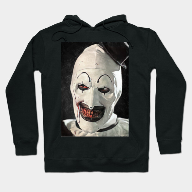 Black hoodie with horror clown graphic print, featuring a spooky white mask, perfect for Halloween or themed events.