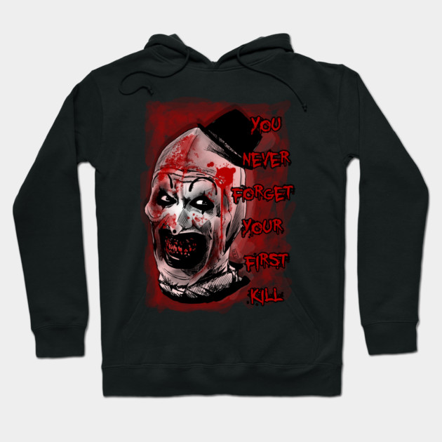 Black horror-themed hoodie with blood-red graphic and text design, perfect for Halloween or themed events.