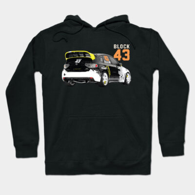 Black hoodie with racing car graphic and "Block 43" text, perfect for motorsport enthusiasts, made of soft cotton.