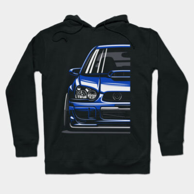 Black hoodie with blue car graphic, front view. Comfortable cotton material, ideal for casual wear and car enthusiasts.