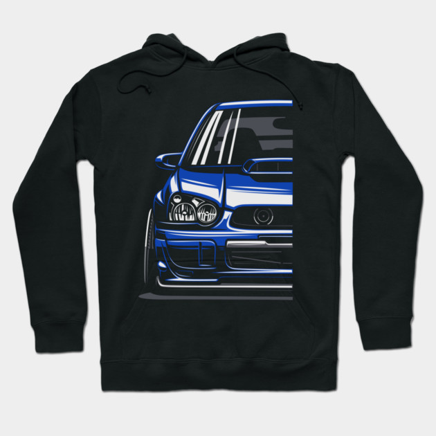 Black hoodie with blue car graphic, front view. Comfortable cotton material, ideal for casual wear and car enthusiasts.