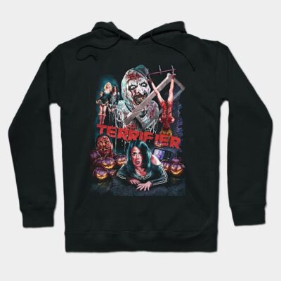 Black "Terrifier" horror-themed hoodie featuring graphic art, perfect for casual wear or Halloween events. Cotton material.