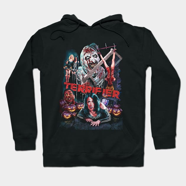 Black "Terrifier" horror-themed hoodie featuring graphic art, perfect for casual wear or Halloween events. Cotton material.