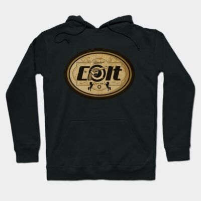 Black hoodie with vintage-style Colt logo, featuring drawstrings and front pocket, ideal for casual wear.
