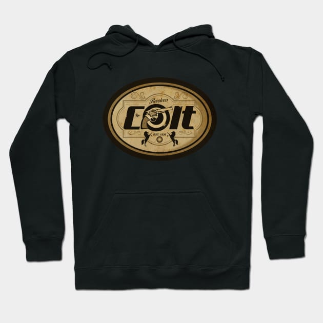 Black hoodie with vintage-style Colt logo, featuring drawstrings and front pocket, ideal for casual wear.