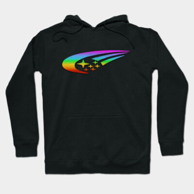 Black hoodie with colorful abstract star design, ideal for casual wear, made from soft cotton blend material.