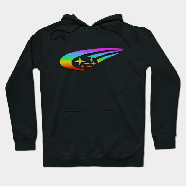 Black hoodie with colorful abstract star design, ideal for casual wear, made from soft cotton blend material.