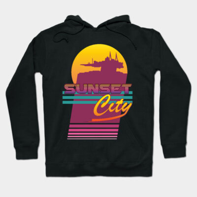 Black hoodie with "Sunset City" graphic in vibrant sunset colors, casual and comfortable for everyday wear.