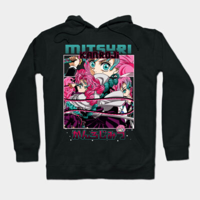 Black hoodie featuring vibrant anime character design with pink and teal accents, perfect for casual wear.
