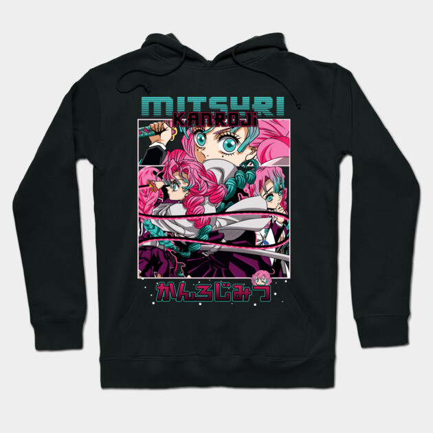 Black hoodie featuring vibrant anime character design with pink and teal accents, perfect for casual wear.