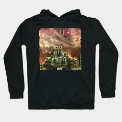 Black "Steel Legion" graphic hoodie, featuring a tank design. Perfect for casual wear, made from soft, durable fabric.