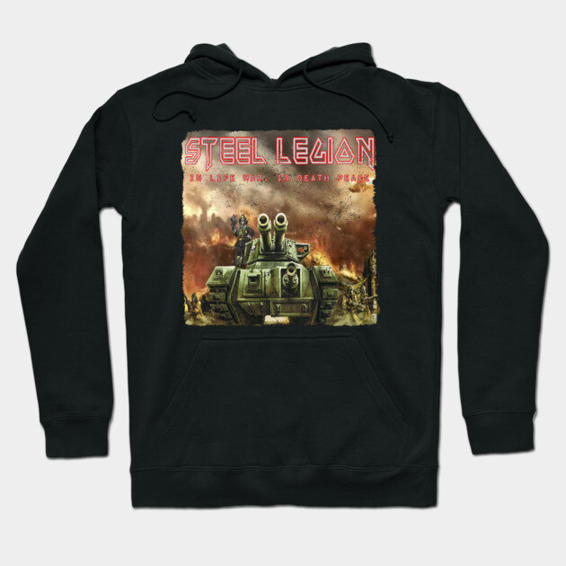 Black "Steel Legion" graphic hoodie, featuring a tank design. Perfect for casual wear, made from soft, durable fabric.