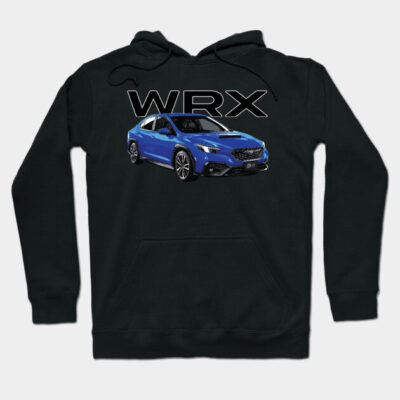 Black hoodie featuring blue car graphic with "WRX" text, casual style, ideal for car enthusiasts, cotton blend material.