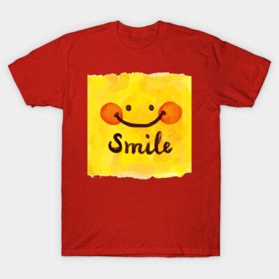 Red t-shirt with a yellow smiley face design and "Smile" text, casual style, soft cotton material for everyday wear.
