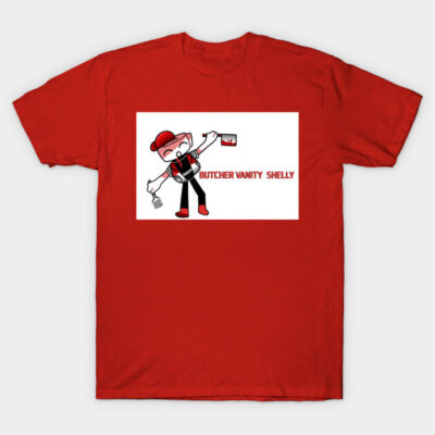 Red cotton t-shirt with cartoon butcher graphic and text, casual style, perfect for daily wear.