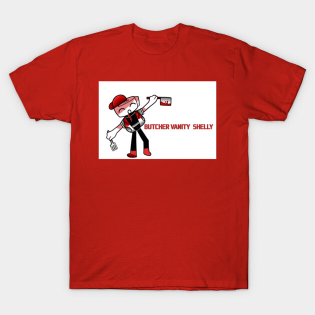 Red cotton t-shirt with cartoon butcher graphic and text, casual style, perfect for daily wear.
