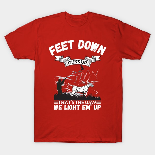 Red hunting-themed graphic t-shirt, "Feet Down Guns Up" design, casual style, comfortable cotton material.