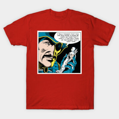 Red graphic t-shirt with comic print, casual style, cotton material, perfect for everyday wear.