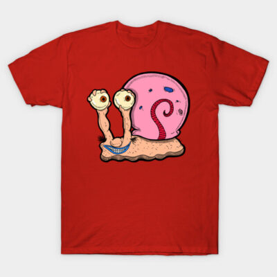 Red T-shirt with quirky snail cartoon design, casual wear, cotton material, perfect for fun and unique style.